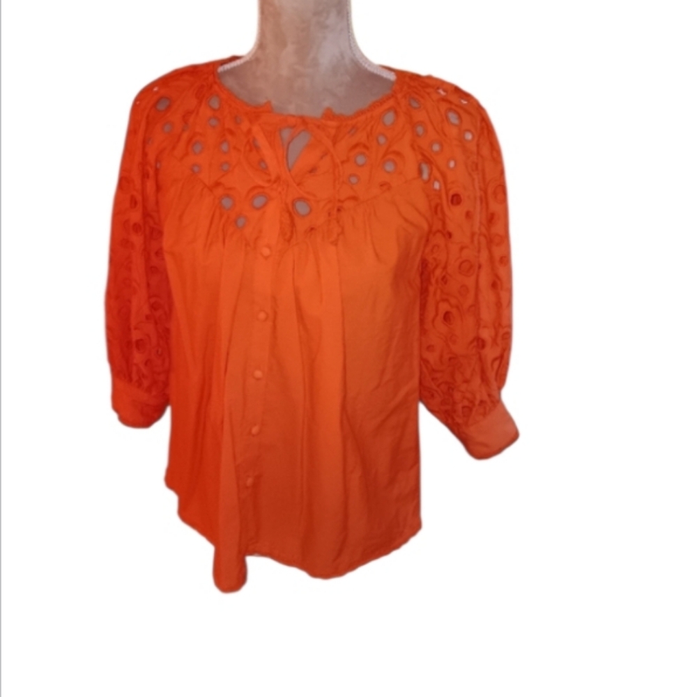 Anthropologie ~ Chantal Eyelet Puff Sleeve Blouse – Neon Orange XS